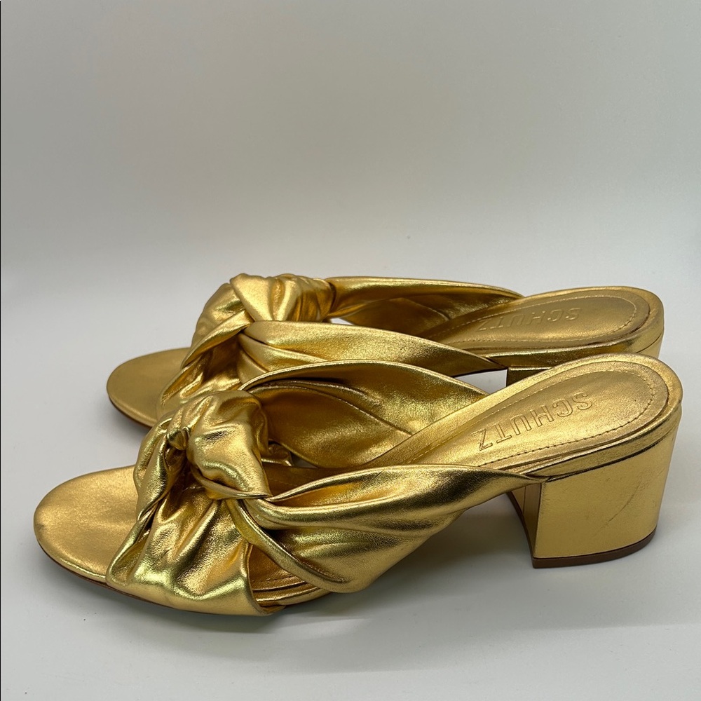 Schutz Dazzling Gold Block Heel Slide Mindy Mules Sandals Shoes **Size 7.5** 🌟🌟 - Picture 5 of 11
